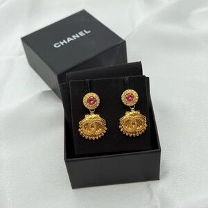 CHANEL Gold CC Seashell Pink Crystal Statement Dangle Earrings